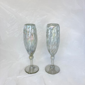 2 Hand Blown Champagne Glasses - White Lustre