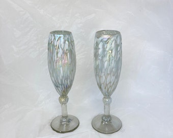 2 Hand Blown Champagne Glasses - White Lustre