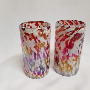 2 Hand Blown Water Glasses - Red/White Iridescent Confetti