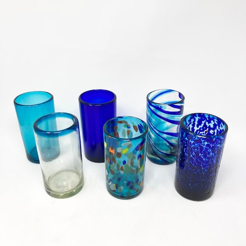 6 Hand Blown Water Glasses Green Rim Etsy