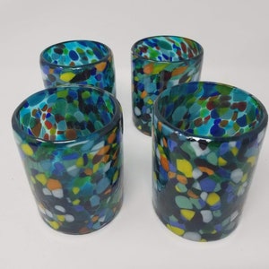 4 Hand Blown Low Ball Tumbler Glasses - Turquoise Confetti