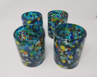 4 Hand Blown Low Ball Tumbler Glasses - Turquoise Confetti