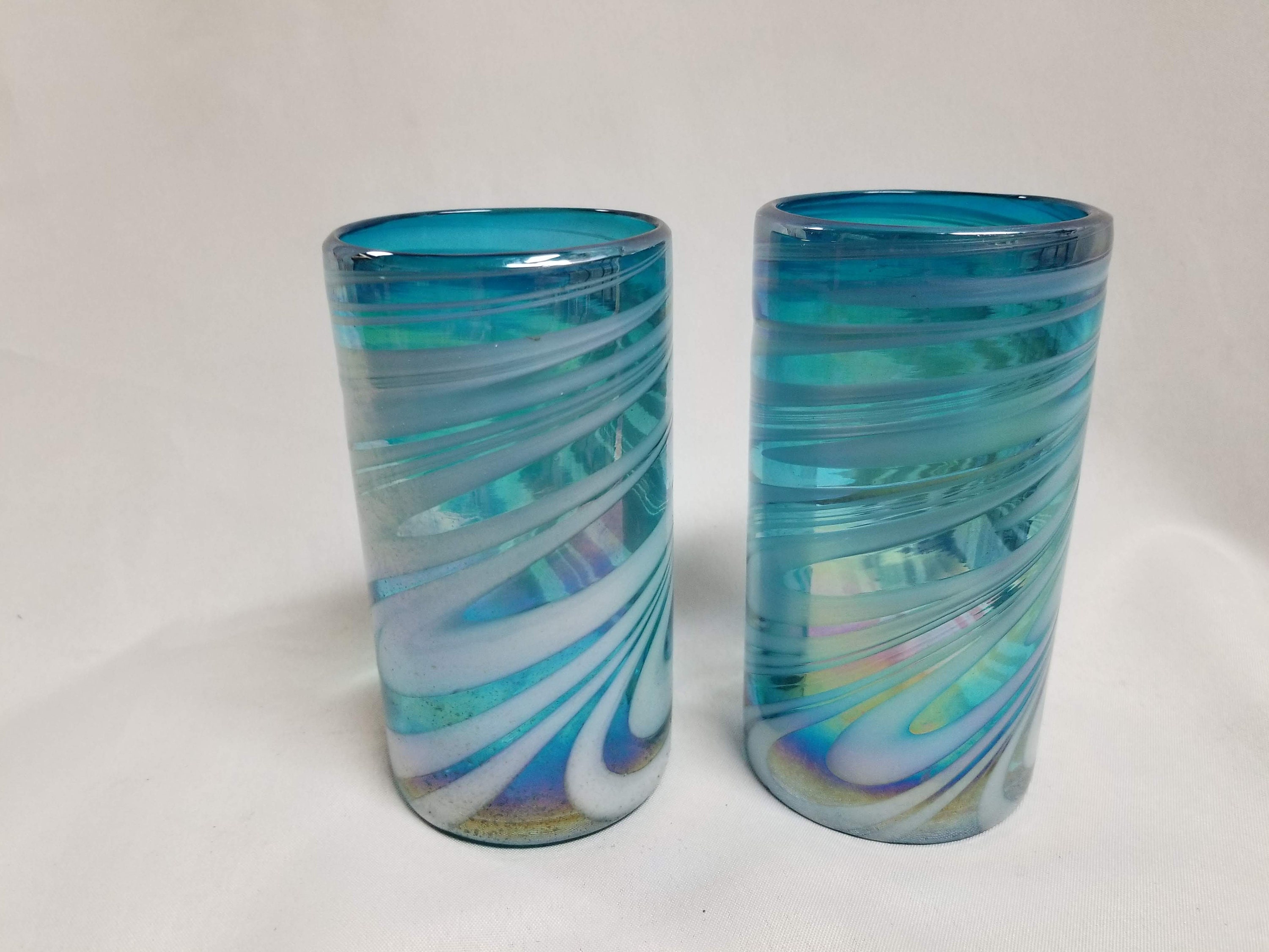 2 Hand Blown Water Glasses - Turquoise/White Iridescent Swirl