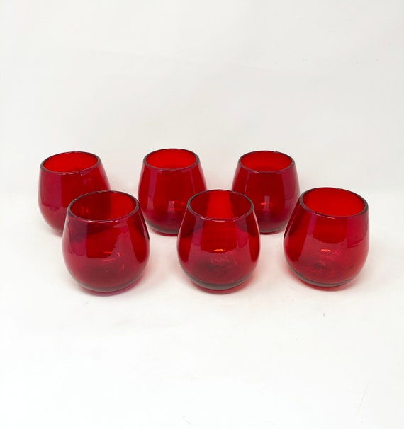 6 Hand Blown Water Glasses Solid Red 