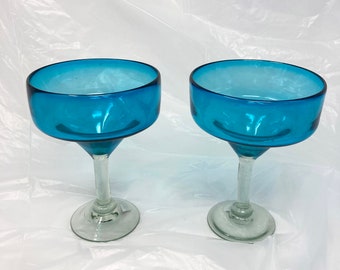 2 Hand Blown Margarita Glasses - Solid Turquoise