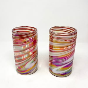 2 Hand Blown Water Glasses - Red/White Iridescent Swirl
