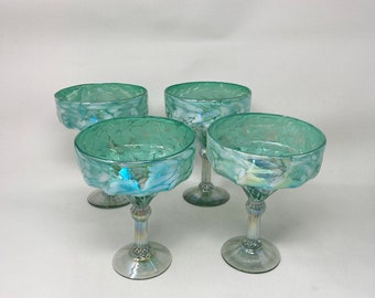 4 Hand Blown Margarita Glasses - Aegean Green