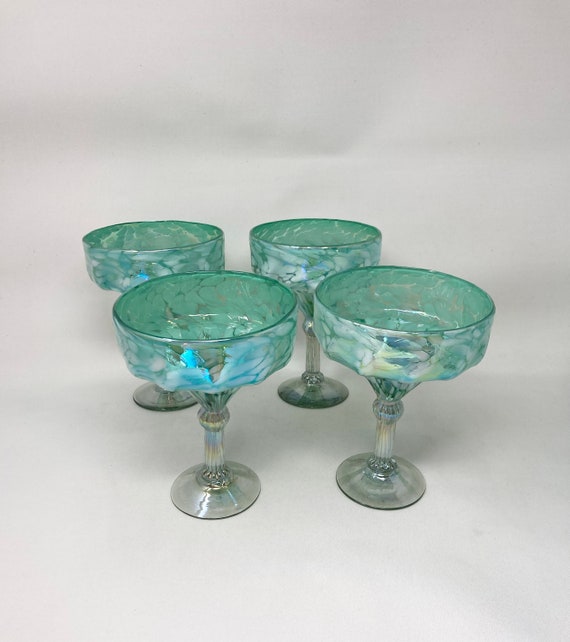 4 Hand Blown Margarita Glasses - Aegean Green