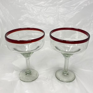 2 Hand Blown Margarita Glasses - Red Rim
