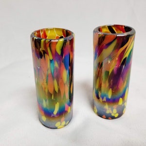 2 Hand Blown Shot Glasses Set - Red/Orange Iridescent Confetti (FREE SHIPPING)