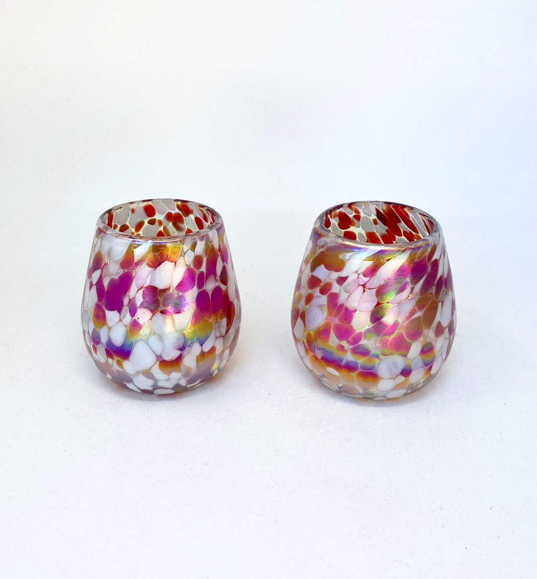 2 Stemless Wine Glasses Red/white Iridescent Confetti Etsy