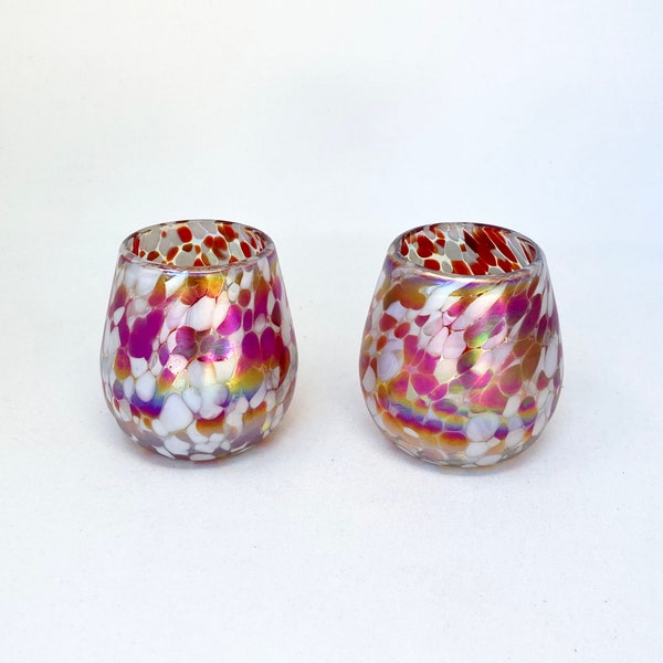 2 Stemless Wine Glasses -  Red/White Iridescent Confetti