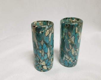 2 Hand Blown Shot Glasses - Teal/Tan Confetti