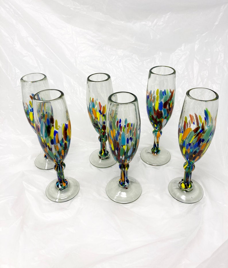 6 Hand Blown Champagne Glasses Confetti Base Etsy