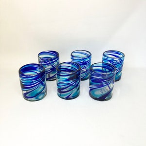6 Hand Blown Low Ball Tumbler Glasses - Turquoise/Blue Swirl