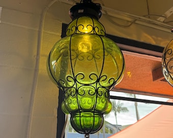 Handgeblazen glas Iron Genie-lichthanger - groen