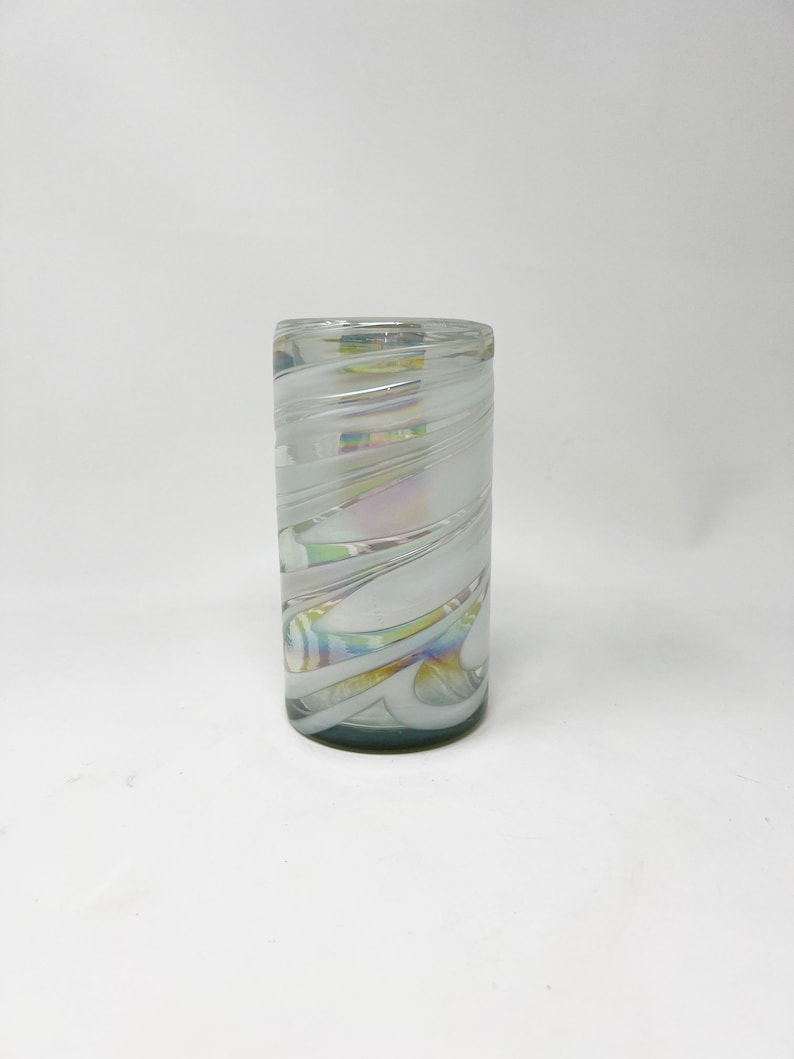 1 Hand Blown Water Glass - White Iridescent Swirl
