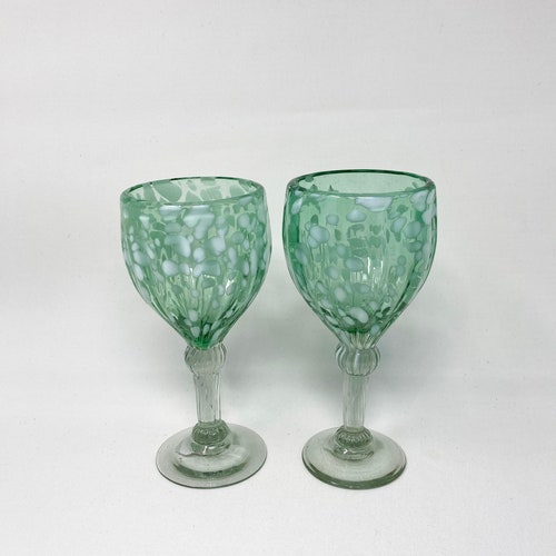 2 Hand Blown Wine Glasses Aegean Green Etsy