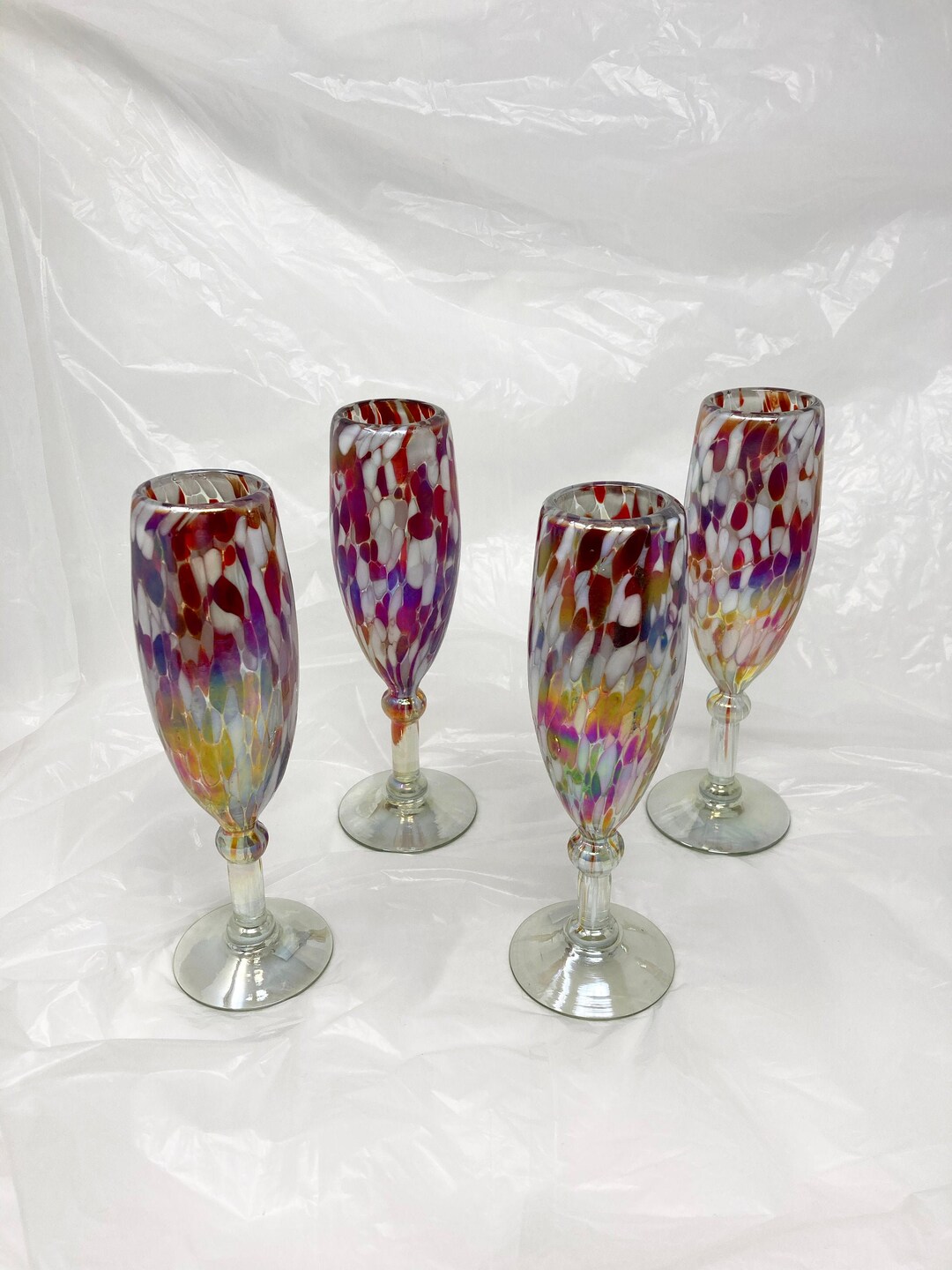 4 Hand Blown Champagne Glasses Red/white Iridescent Confetti Etsy