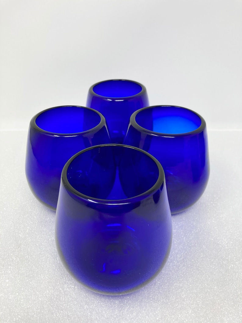Solid Blue 4 Stemless Wine Glasses