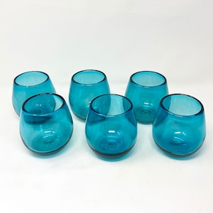 6 Stemless Wine Glasses -  Solid Turquoise