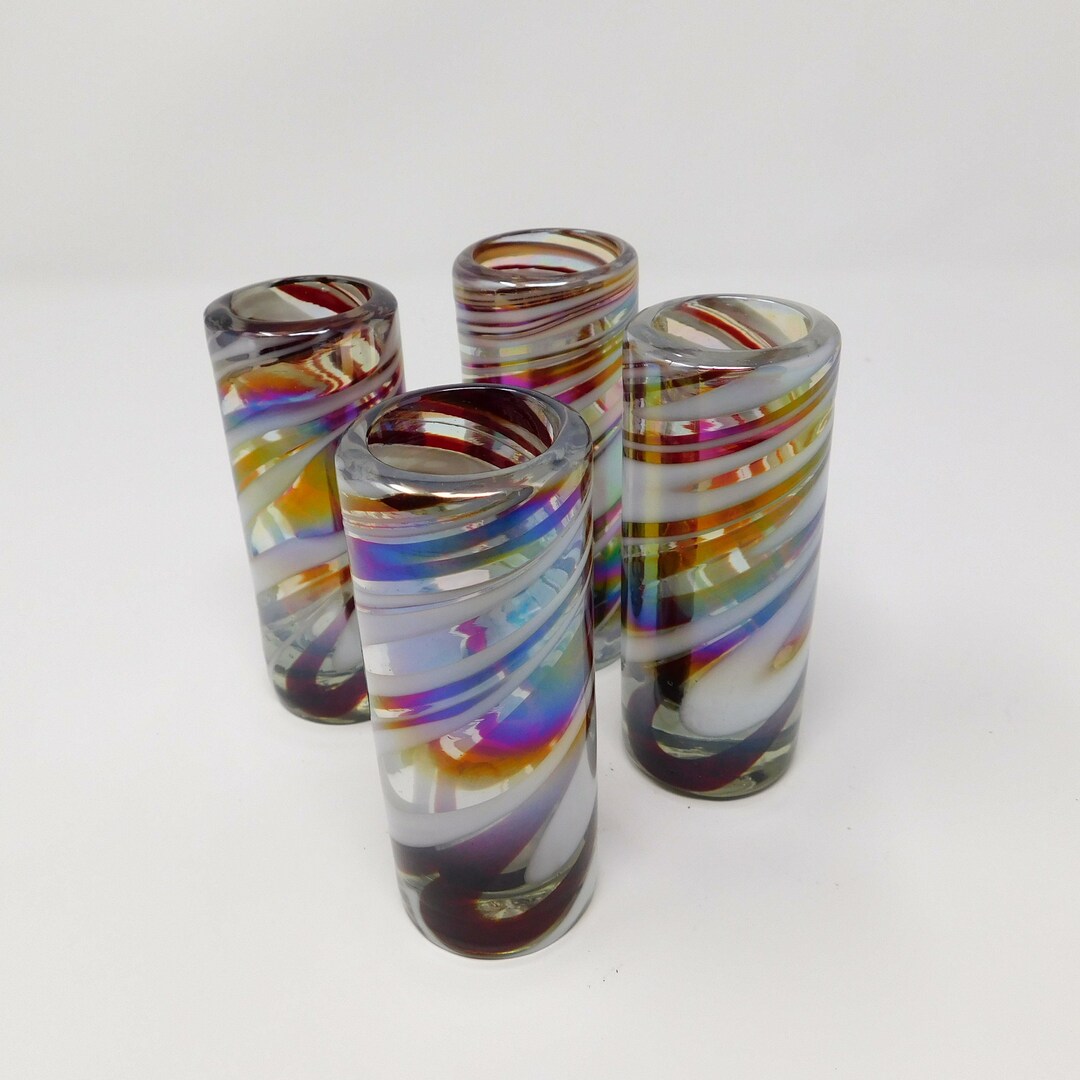 4 Hand Blown Shot Glasses Red/white Iridescent Swirl Etsy