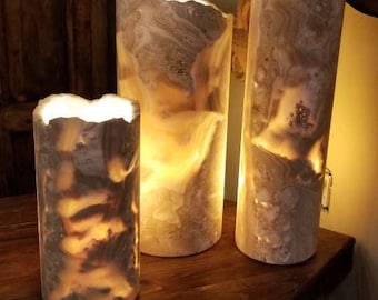 Onyx Lights.  Various sizes. Real onyx stone.  Wired for standard bulb.  6ft cord with on/off switch.