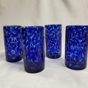 4 Hand Blown Water Glasses - Blue Ocean