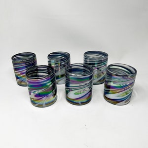 6 Low Ball Tumbler Glasses - Purple/White Iridescent Swirl