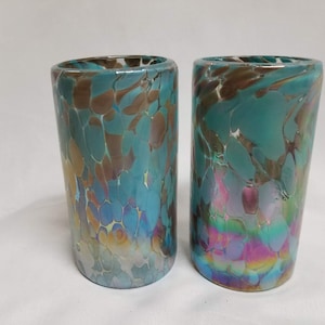 2 Hand Blown Water Glass - Blue Chocolate Iridescent Confetti (FREE SHIPPING)