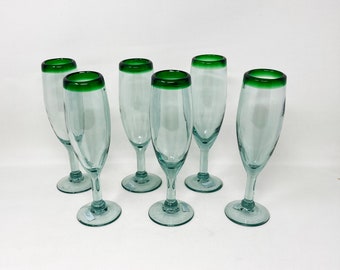 6 Hand Blown Champagne Glasses  - Green Rim