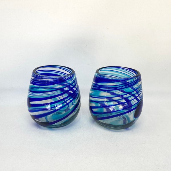 2 Hand Blown Stemless Wine Glasses -  Turquoise/Blue Swirl