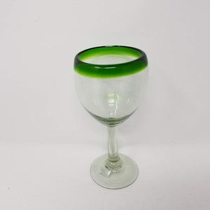 1 Hand Blown Wine Glass - Green Rim