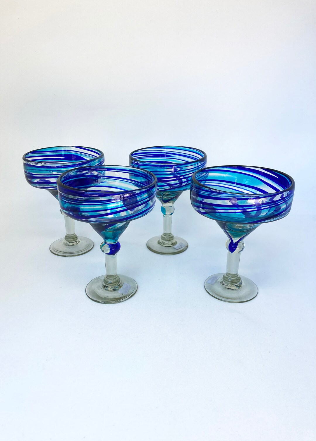 4 Hand Blown Margarita Glasses Turquoise Blue Swirl Etsy