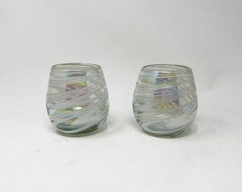 2 Stemless Wine Glasses - White Iridescent Swirl
