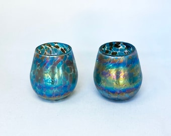 2 Hand Blown Stemless Wine Glasses - Blue Chocolate Iridescent Confetti