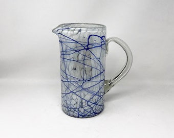 64 oz Hand Blown Glass Pitcher - Tall White Confetti Blue Web