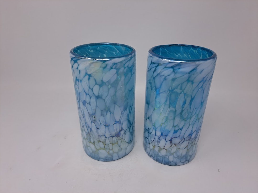 2 Hand Blown Water Glasses - Blue Ice Confetti - Etsy