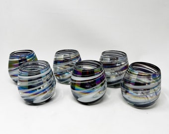 6 Stemless Wine Glasses -  Purple/White Iridescent Swirl