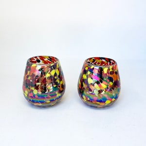 2 Stemless Wine Glasses - Red/Orange Iridescent Confetti