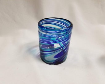 1 Hand Blown Low Ball Tumbler Glass - Turquoise/Blue Swirl