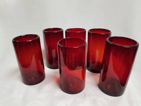 Set of 2 Large Vintage Clear Red Hand Blown Drinking Glasses, High