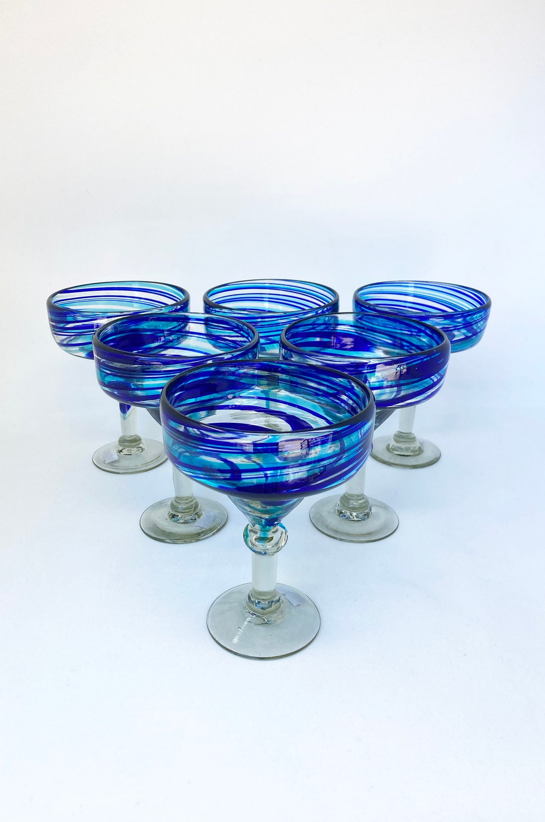 6 Hand Blown Margarita Glasses Turquoise/blue Swirl Etsy