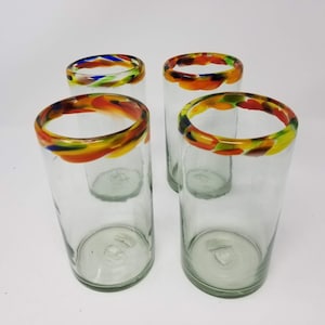 4 Hand Blown Water Glasses - Orange Confetti Rim