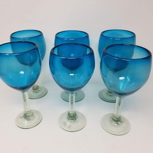 6 Hand Blown Wine Glasses - Solid Turquoise
