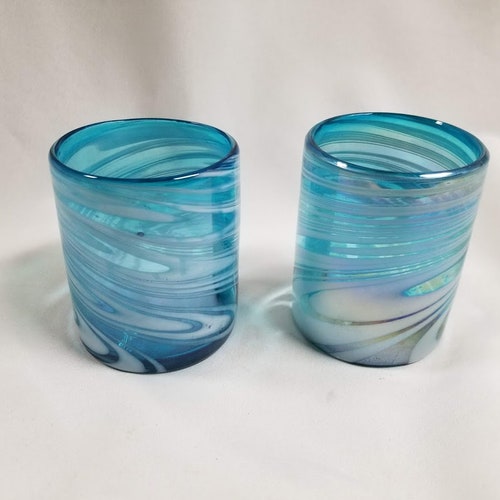 2 Hand Blown Low Ball Tumbler Glasses Turquoise/blue Swirl Etsy