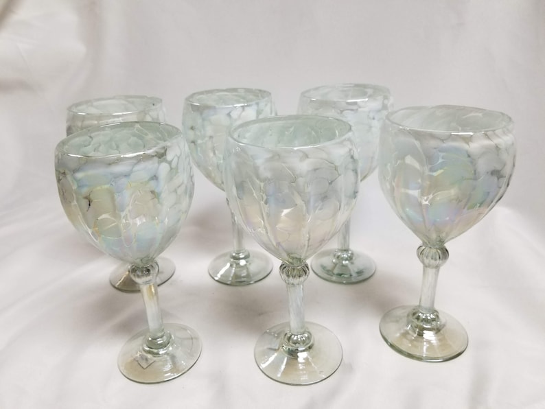 6 Hand Blown Wine Glasses White Lustre