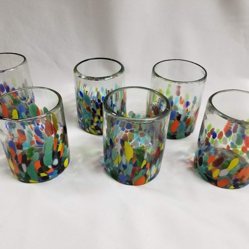 6 Hand Blown Low Ball Tumbler Glasses Confetti Base Etsy