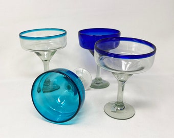 4 Hand Blown Margarita Glasses - The Blues Collection