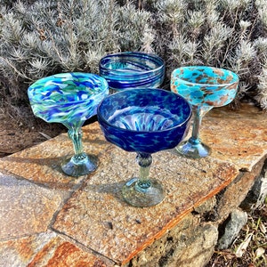 4 Hand Blown Margarita Glasses - Blue Color Selection